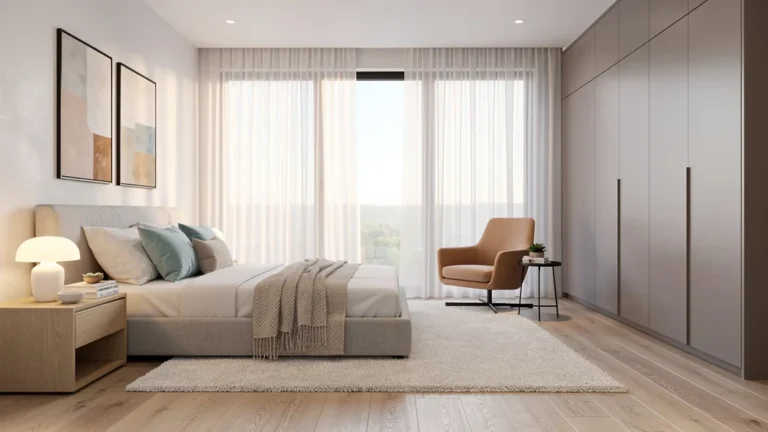 Aménagement moderne chambre alliant confort et fonctionnalité avec design épuré et lumière naturelle