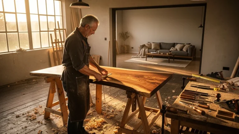 Artisan créant une table basse sur mesure adaptée à un espace intérieur moderne et fonctionnel