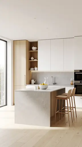 cuisine minimaliste après cuisson lumière naturelle douce ambiance chaleureuse et calme