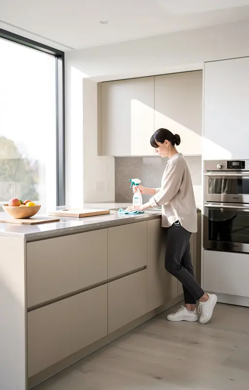 femme française cuisinant calmement dans une cuisine minimaliste avec lumière naturelle