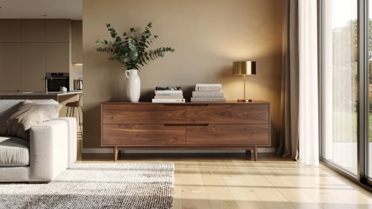 Buffet moderne en bois dans un salon lumineux pour bien choisir un meuble adapté à son espace