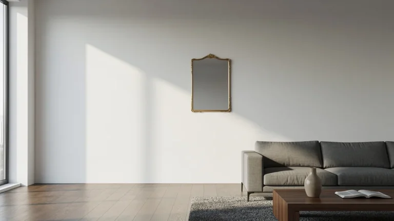 Miroir trop petit sur grand mur blanc dans salon moderne, créant un rendu visuel bizarre et déséquilibré