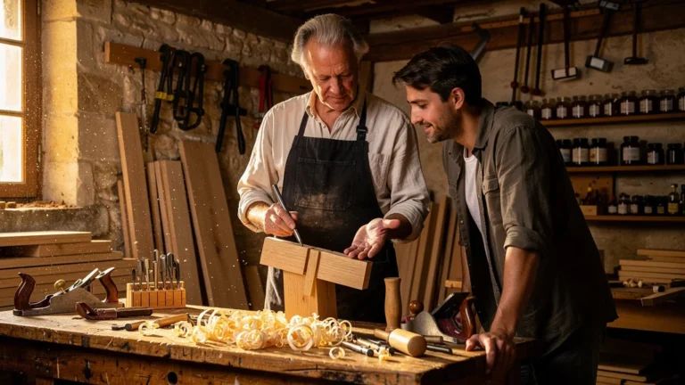 Ébéniste de Rouen montrant l’assemblage tenons-mortaises dans un atelier de menuiserie