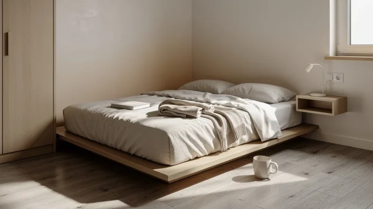 Chambre 14 m2 avec lit plateforme bas 15 cm, volume optimisé et ambiance réaliste