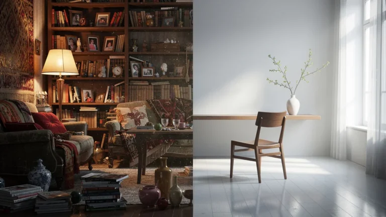 Transition d’un intérieur chargé à un style épuré, ressentis entre vide et toucher