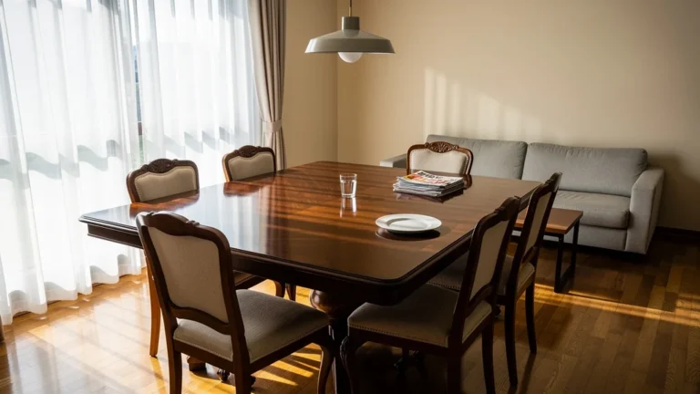 Salon encombré par une table à manger trop grande rendant l’espace impraticable et étouffant