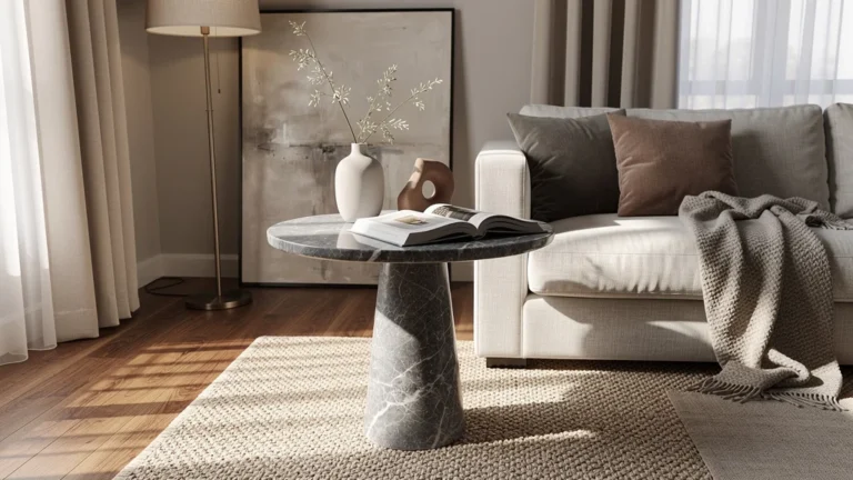Guéridon marbre 45 cm dans un salon, une solution élégante pour sauver un coin sans console