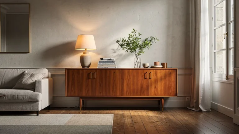 Salon rouennais avec enfilade scandinave teck 1965, intérieur chaleureux et décor mid-century élégant