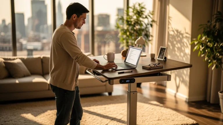 Bureau assis-debout électrique moderne testé trois mois dans appartement lumineux et design