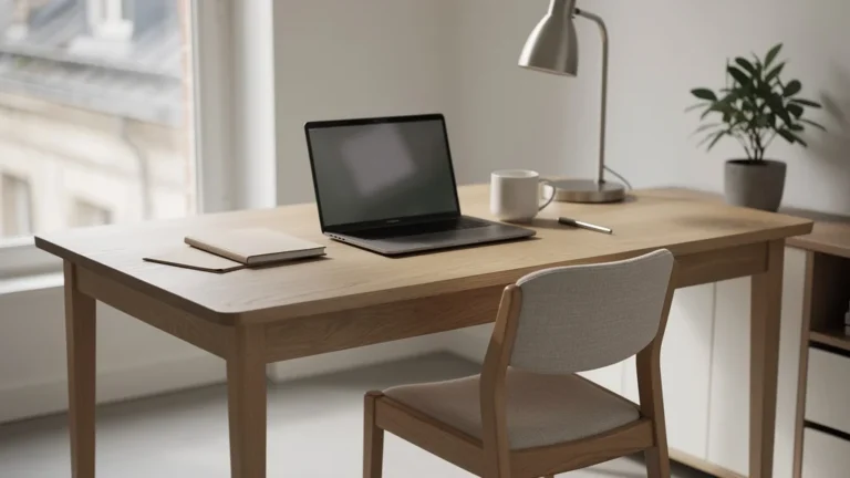 Bureau Muji en chêne 150 cm dans un home office rouennais, style minimaliste et réaliste
