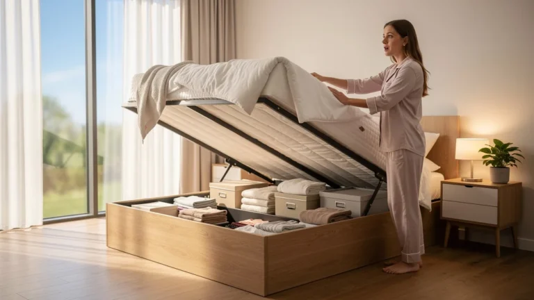 Lit coffre moderne ouvert avec rangement organisé transformant le quotidien dans une chambre lumineuse