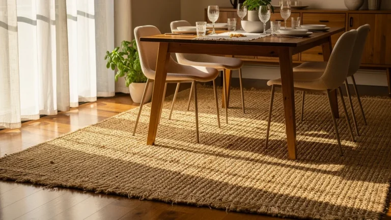 Photo réaliste d’un tapis en jute naturel sous une table à manger après un an d’utilisation