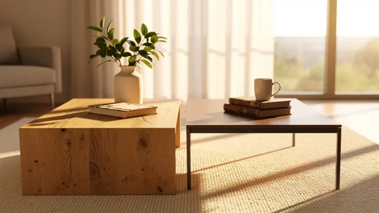 Comparaison ultra-réaliste d'une table basse en chêne massif et une en MDF plaqué près d'une fenêtre au soleil