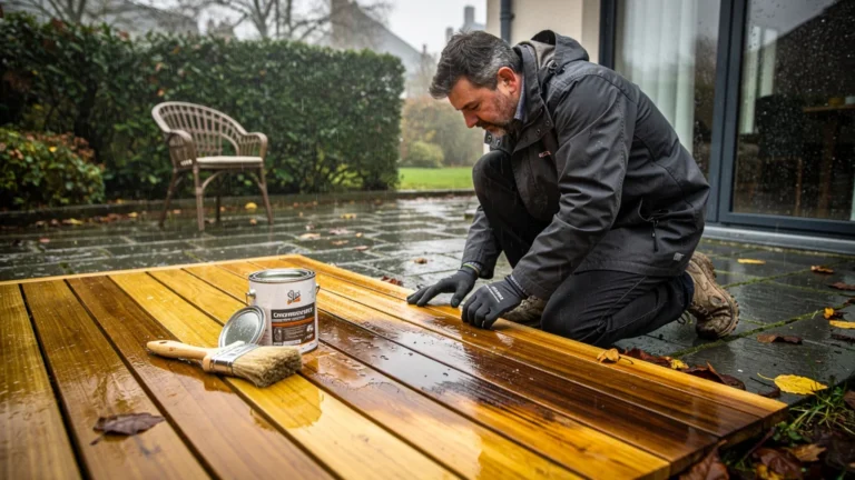 Teck humide à Rouen avant l'hiver 2024, protection insuffisante du bois extérieur