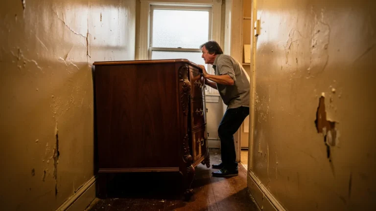 Buffet en bois coincé dans un couloir étroit, symbolisant une erreur d'aménagement intérieur