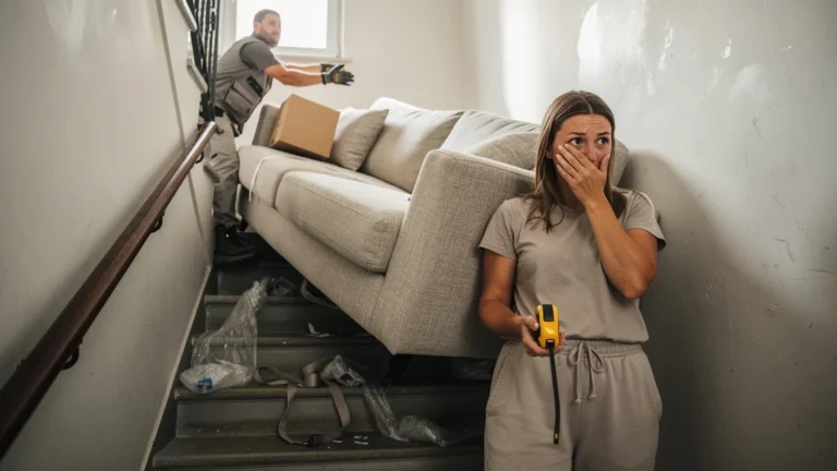 Canapé bloqué dans un escalier étroit après une erreur de mesure de 82 cm