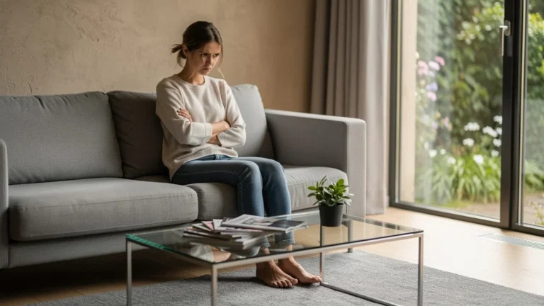 Femme déçue sur canapé trop étroit, regret de ne pas avoir vérifié la profondeur avant commande en ligne