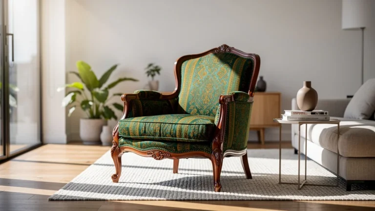 Fauteuil de récup retapissé devenu pièce maîtresse élégante et lumineuse du salon moderne