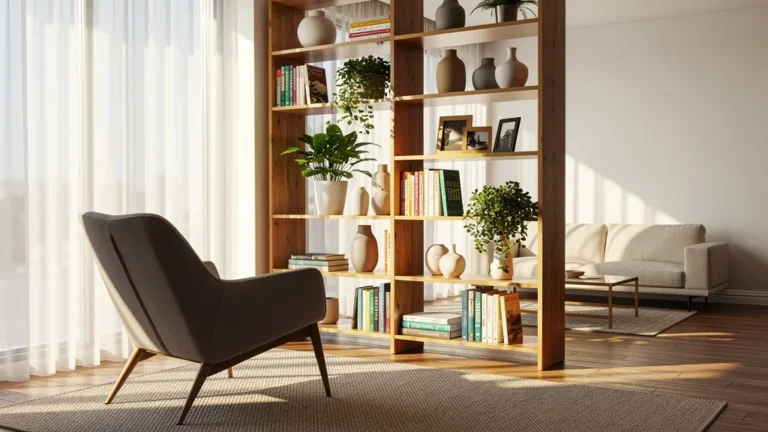 Intérieur lumineux transformé par une grande étagère ouverte en bois naturel, changeant toute la pièce