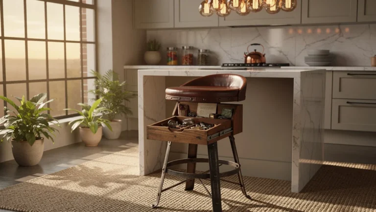 Tabouret de bar chiné vintage transformant une cuisine ouverte lumineuse et élégante