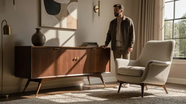 Intérieur design avec mobilier pieds compas 1950, illustrant une vision évoluée du mobilier après 2 ans