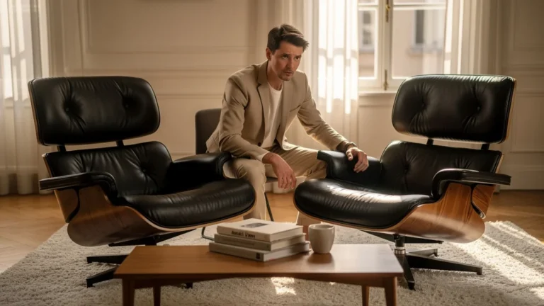 Comparatif du fauteuil Eames Lounge Chair contemporain et vintage 1956 dans un intérieur design