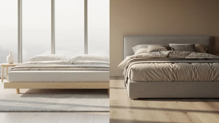 Comparatif du lit plateforme Muji et du lit Emma avec sommier tapissé dans une chambre moderne