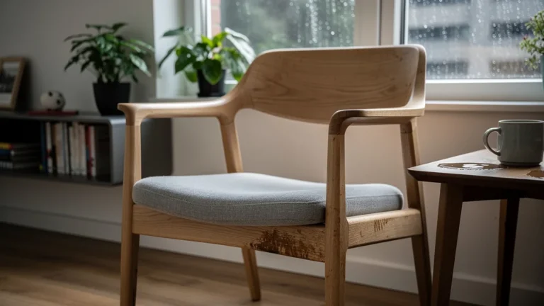 Chaise scandinave usée après cinq ans, montrant l’impact de l’humidité et de l’entretien