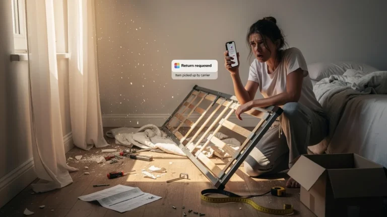 Photo réaliste d’un espace trop étroit entre le mur et le lit, illustrant une erreur de mesure et un retour de meuble