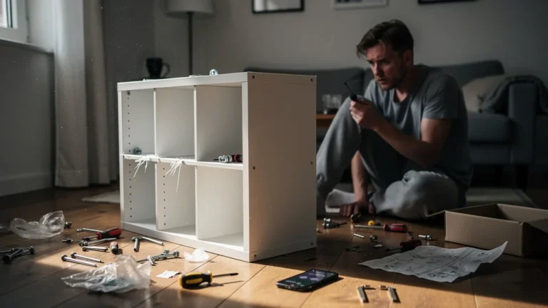 Montage d’un Kallax abîmé avec un mauvais tournevis, ambiance de frustration et bricolage raté