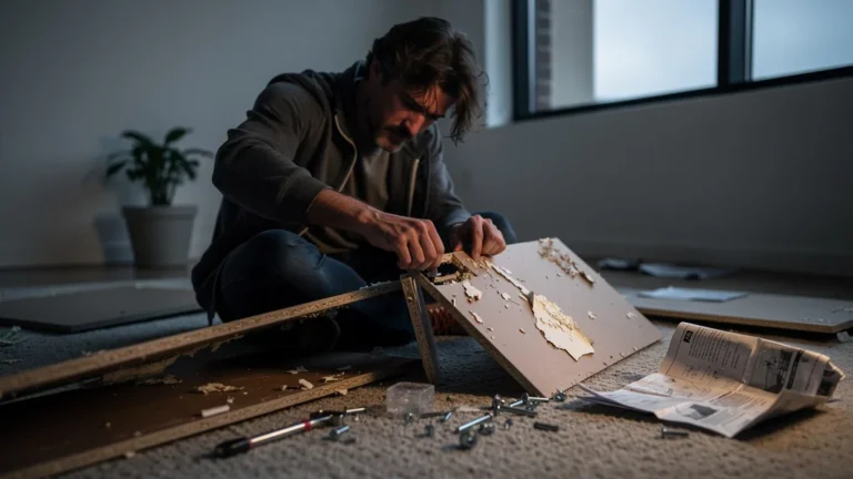 Personne frustrée démontant un meuble modulaire premier prix cassé lors du premier montage