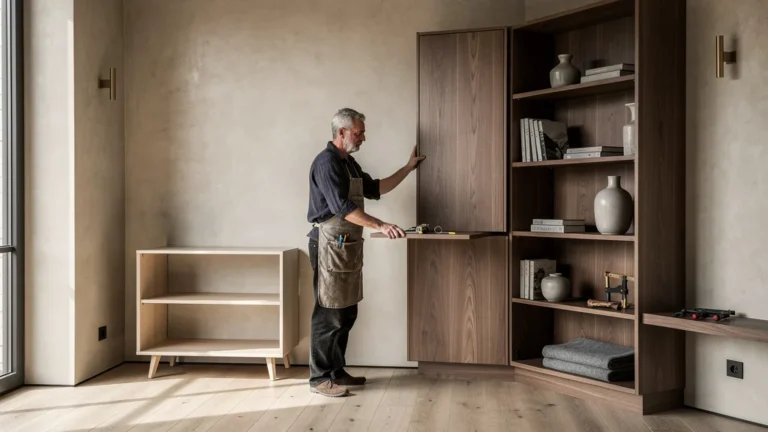 Menuiserie sur-mesure face aux meubles scandinaves, salon réaliste avec mobilier intégré et artisan