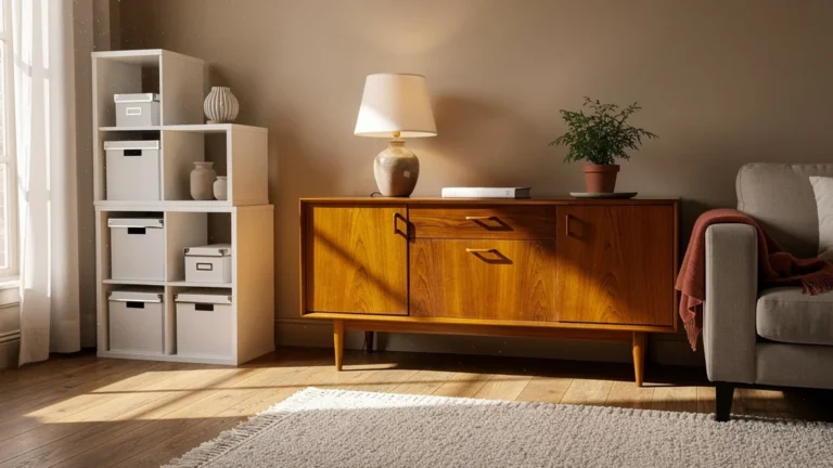 Enfilade teck vintage face aux Kallax IKEA empilées dans un intérieur design