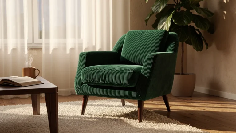 Fauteuil en velours côtelé vert dans un salon chaleureux, préférée au cuir pour son confort et texture