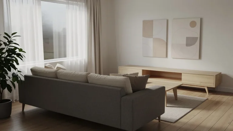 Salon peu lumineux avec mobilier en bois clair pour illuminer un appartement sombre et cosy