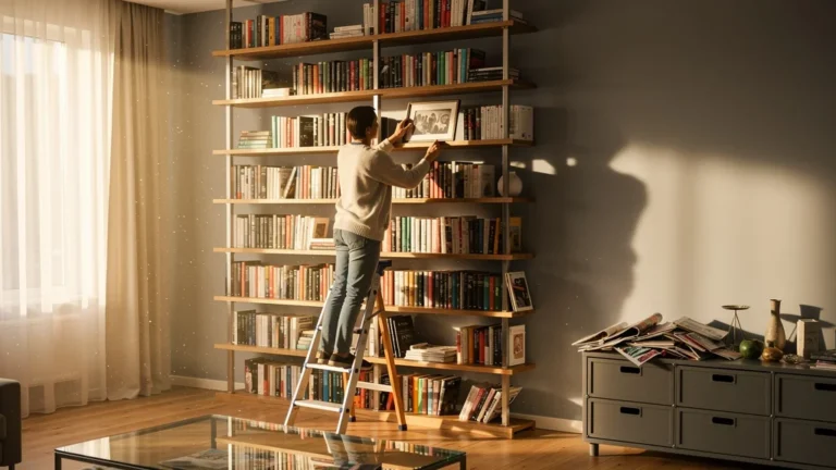 Bibliothèque murale moderne et utile comparée à un meuble bas dans un salon lumineux