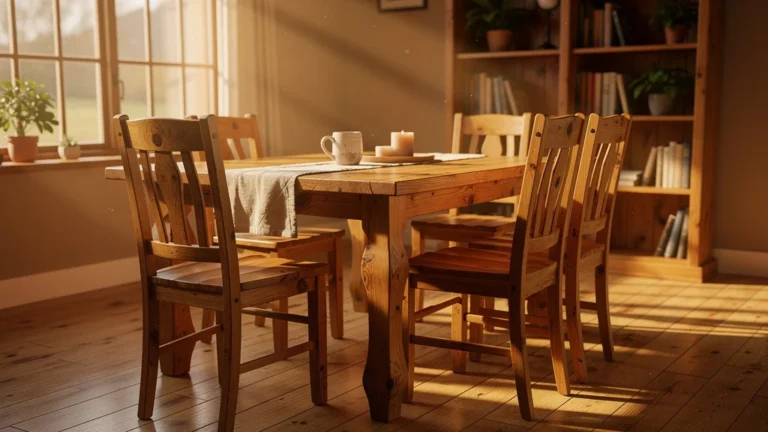 Meubles en pin massif sous-estimés dans un salon chaleureux et lumineux, ambiance naturelle et authentique