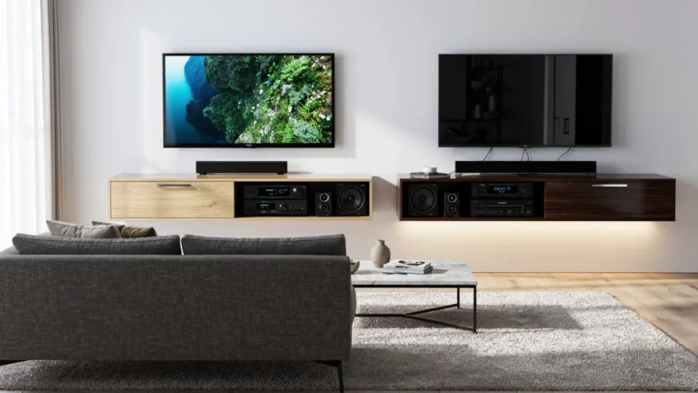 Test comparatif de deux meubles TV suspendus dans un salon moderne de 20 m² lumineux et élégant