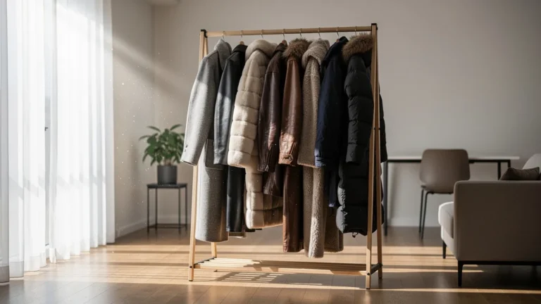 Test d’un portant ouvert chargé de plus de 15 kg de manteaux dans un studio moderne minimaliste