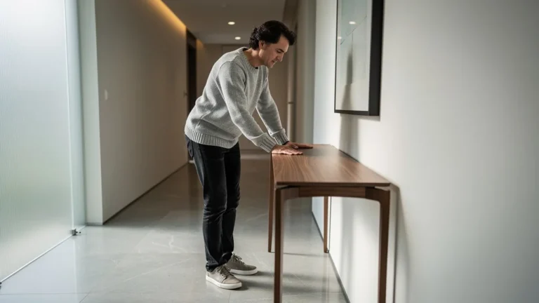 Test de résistance d’une console fine dans un couloir étroit de 80 cm, mobilier design et moderne