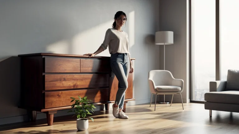 Personne regrettant un meuble assorti au mauvais format dans un salon moderne lumineux