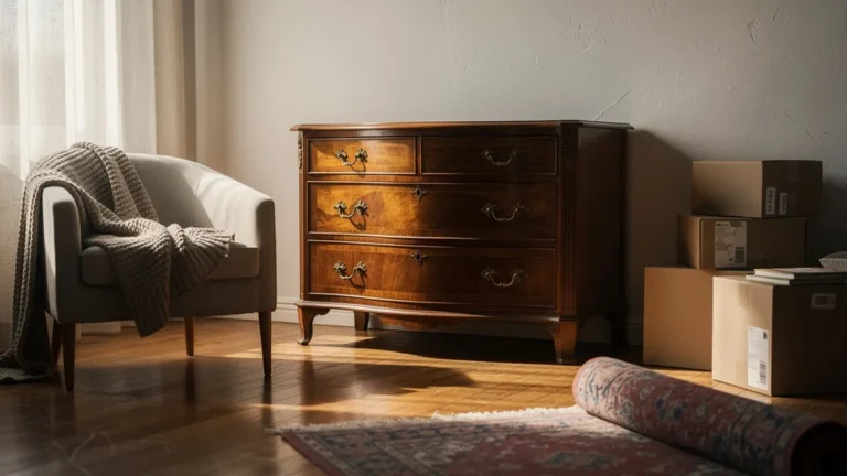 Commode en bois ancien achetée sur coup de cœur, posée dans une pièce sans trouver sa place