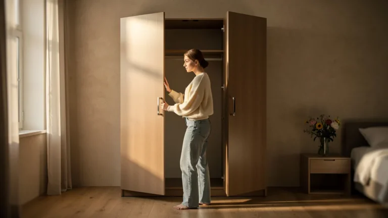 Femme testant les deux sens d'ouverture d'armoire avant de choisir la gauche dans une chambre lumineuse