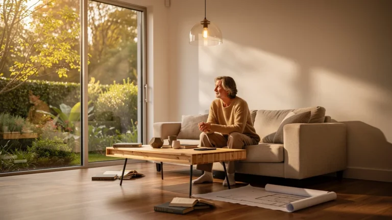 Salon moderne vide sans étagères, personne réfléchissant à leur emplacement optimal