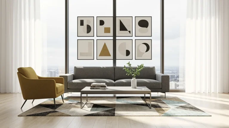 Salon moderne avec meubles alignés puis désalignés pour un rythme visuel équilibré et harmonieux