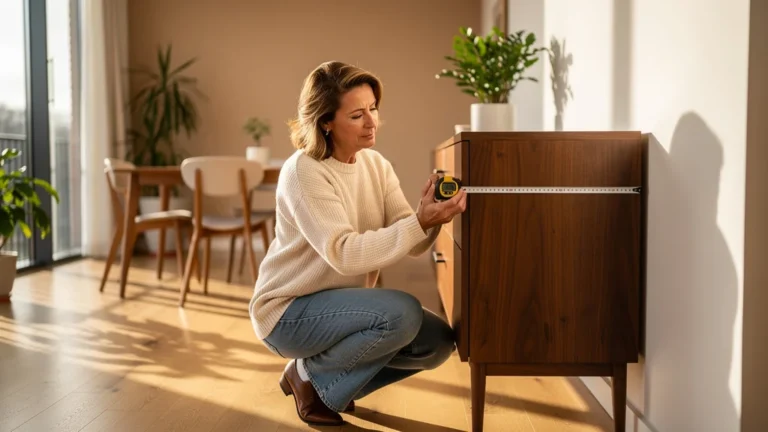 Femme mesurant passage étroit avant de choisir la profondeur parfaite du buffet en bois