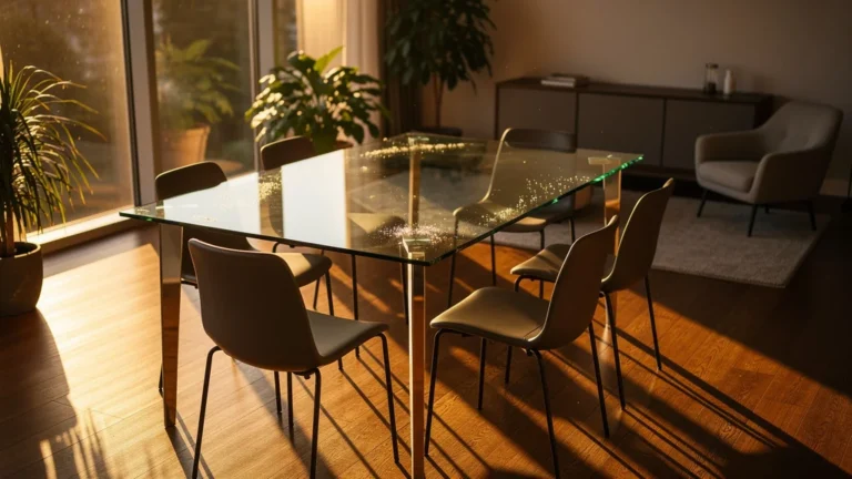 Table en verre élégante sous lumière du soleil, difficile à entretenir au quotidien, reflet et traces visibles
