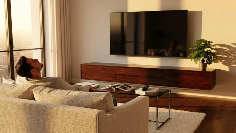 Homme frustré dans salon moderne avec meuble TV trop bas, inconfort de la mauvaise hauteur de regard