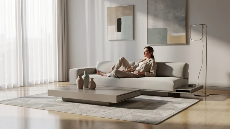 Salon moderne avec meubles ultra-bas tendance en bois clair, lumière naturelle et ambiance chaleureuse