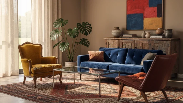 Séjour au mobilier dépareillé assumé avec mélange harmonieux et ambiance chaleureuse et moderne
